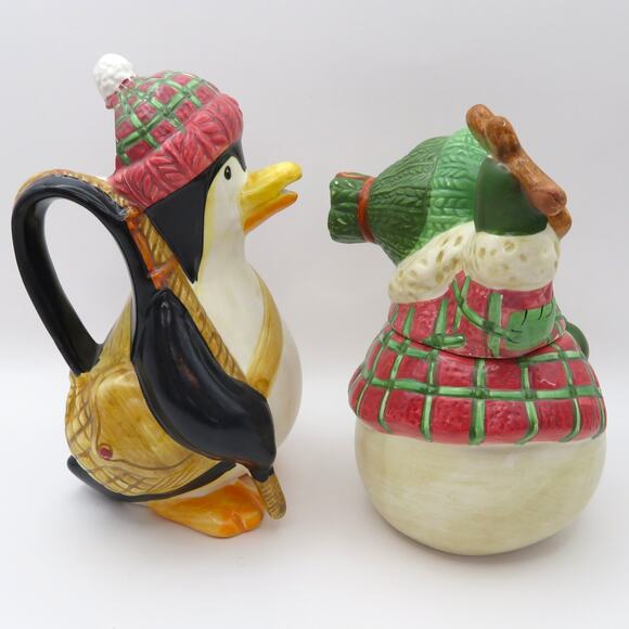 BICO Snowman and Penguin Cream and Sugar Set Christmas Ceramic Winter Serveware - Picture 4 of 14
